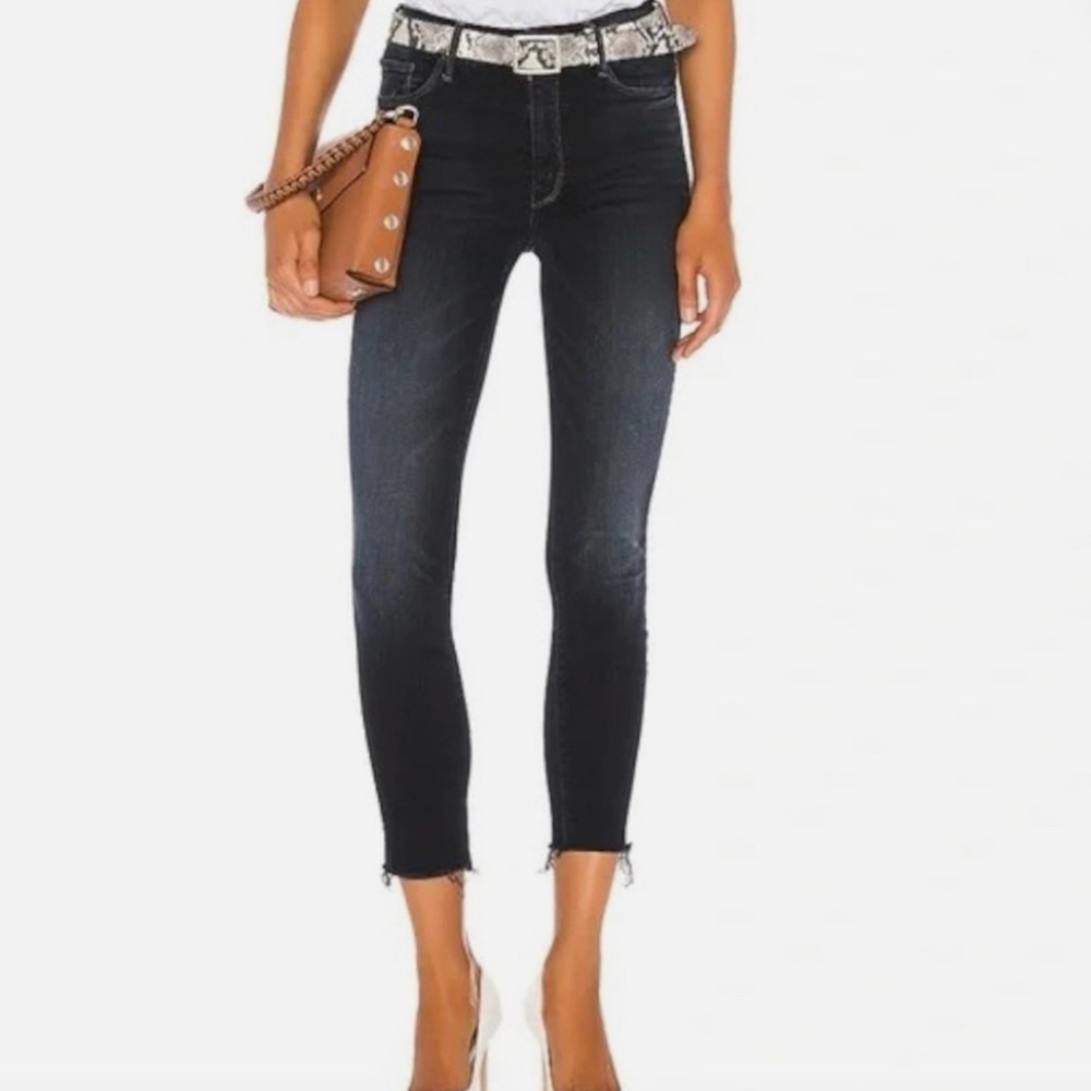 Mother High Waisted Looker Ankle Fray jeans in the "Last Call" dark wash
